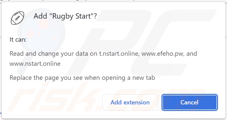Rugby Start browser hijacker asking for permissions