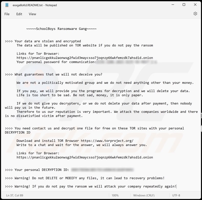 SchoolBoys ransomware ransom note ([random_string].README.txt)