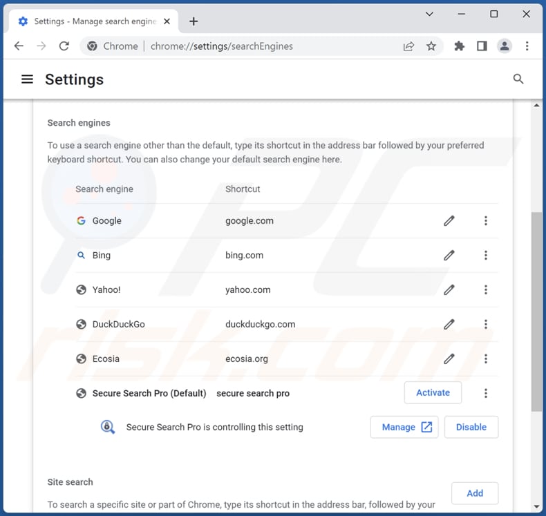 Removing securesearch.pro from Google Chrome default search engine