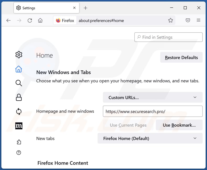 Removing securesearch.pro from Mozilla Firefox homepage
