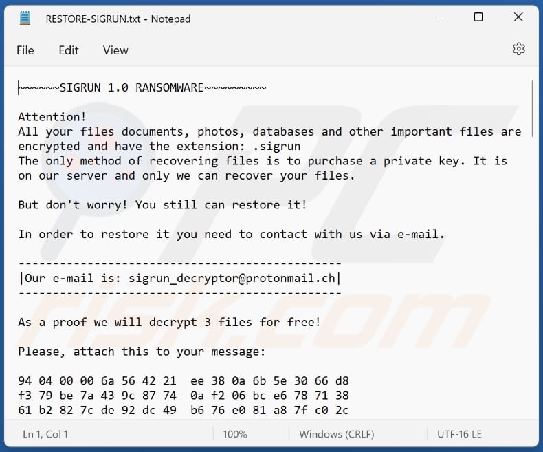 Sigrun ransomware text file (RESTORE-SIGRUN.txt)