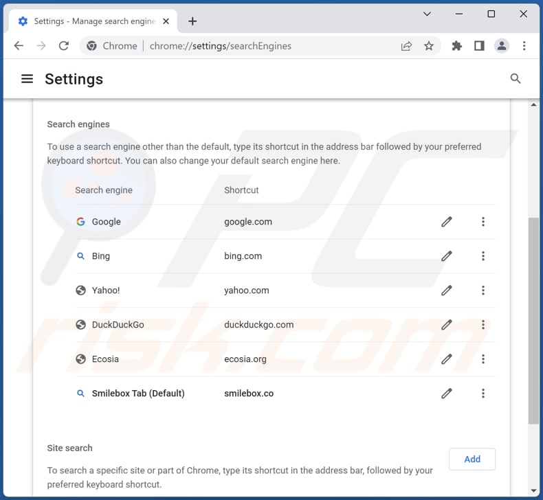 Removing smilebox.co from Google Chrome default search engine