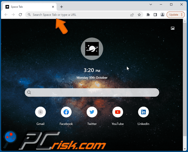 Space Tab browser hijacker redirecting to Bing (GIF)