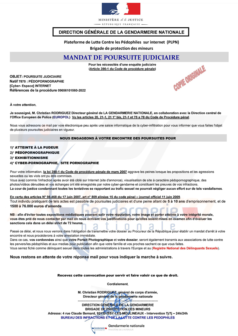 French PDF scam distributed using Summon To Court For Pedophilia spam emails (2022-10-28)