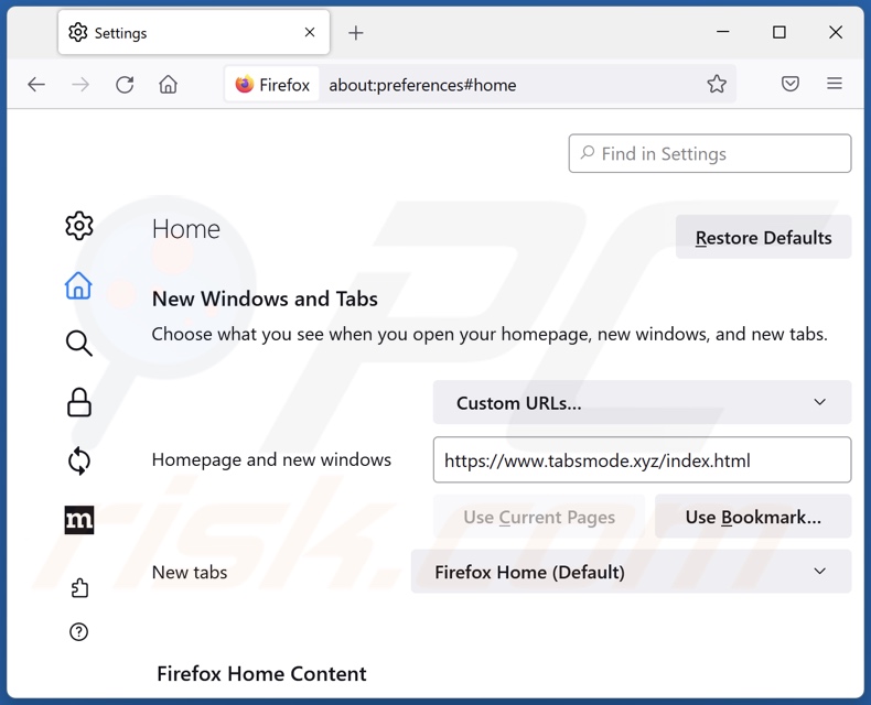 Removing tabsmode.xyz from Mozilla Firefox homepage