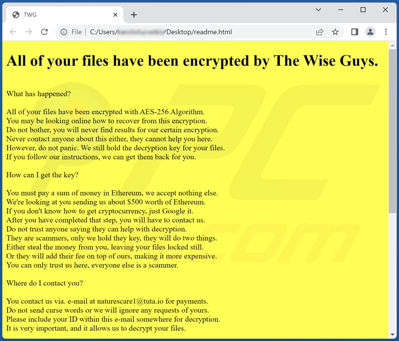 The Wise Guys ransomware ransom note (readme.html)