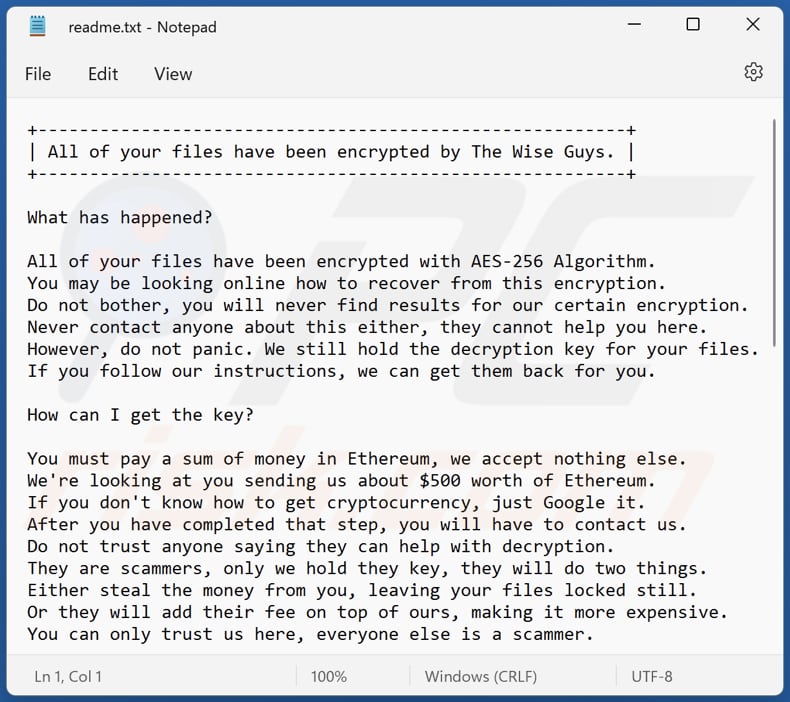 Ransom note displayed by The Wise Guys wiper (readme.txt file)