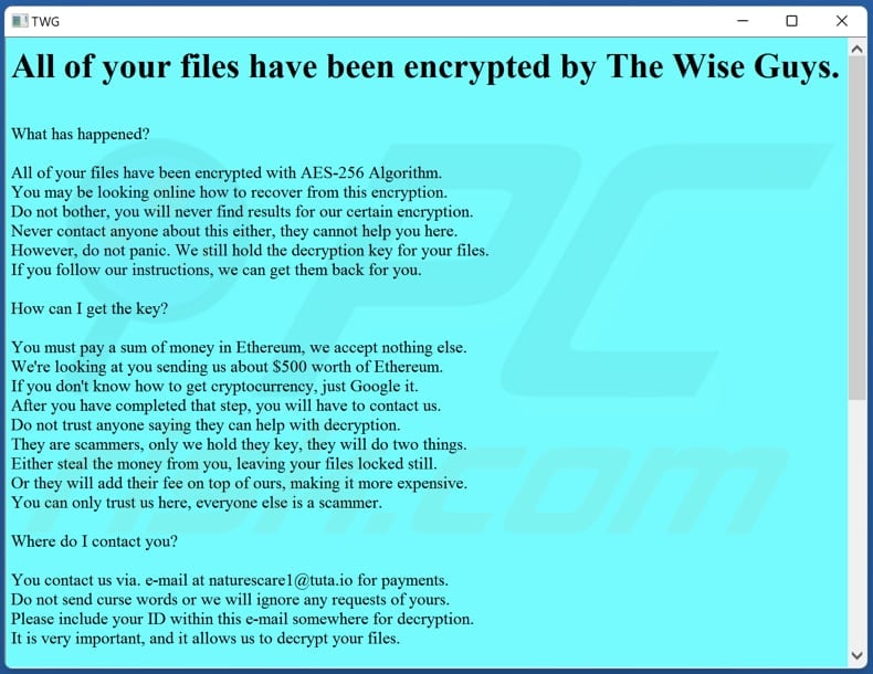 The Wise Guys ransomware ransom note (readme.hta)