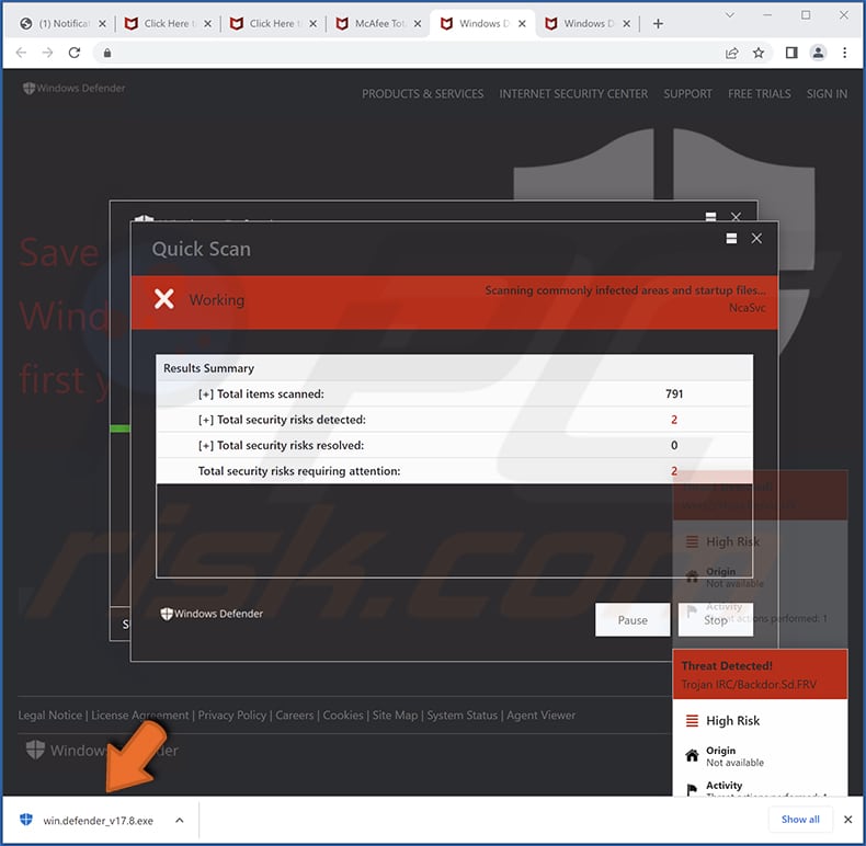update windows defender pop-up scam fake scan