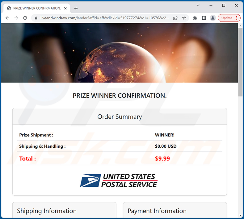 USPS-themed scam website - liveandwindraw.com