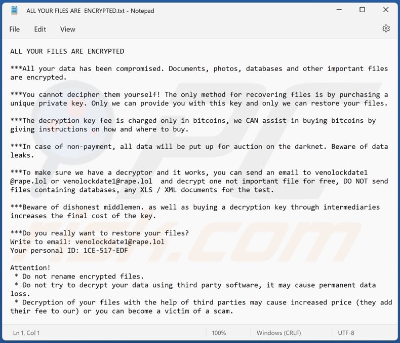 Venolock ransomware text file (ALL YOUR FILES ARE  ENCRYPTED.txt)