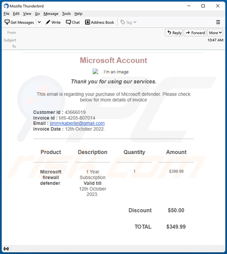 Windows Defender Subscription Email Scam (2022-10-14)