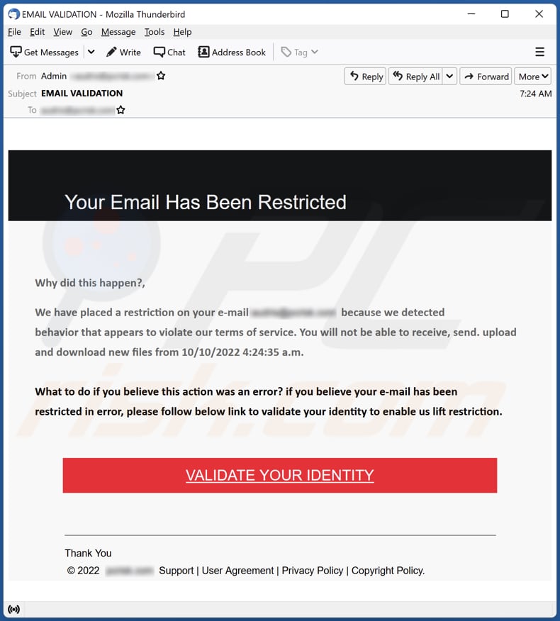 Your Email Has Been Restricted phishing email