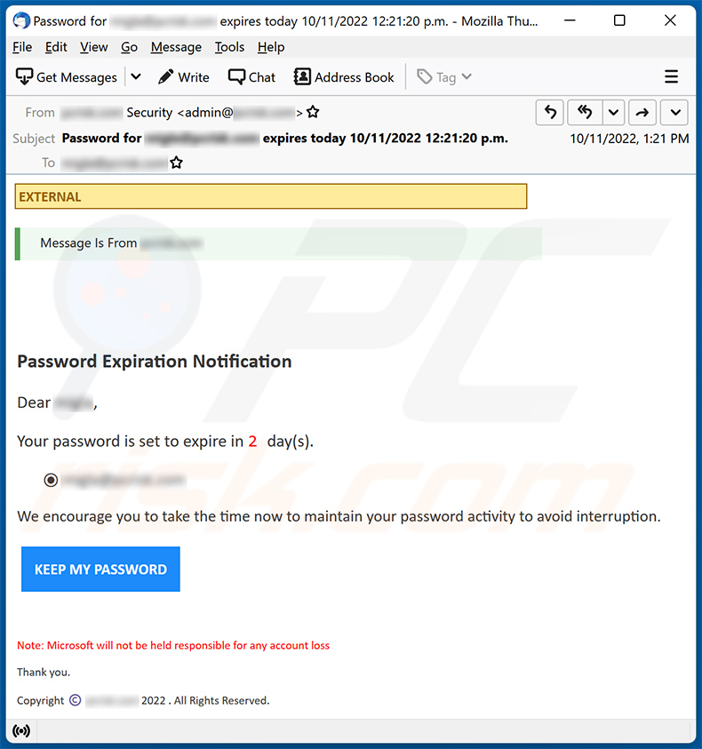 Your Password Is Set To Expire email scam (2022-10-12)