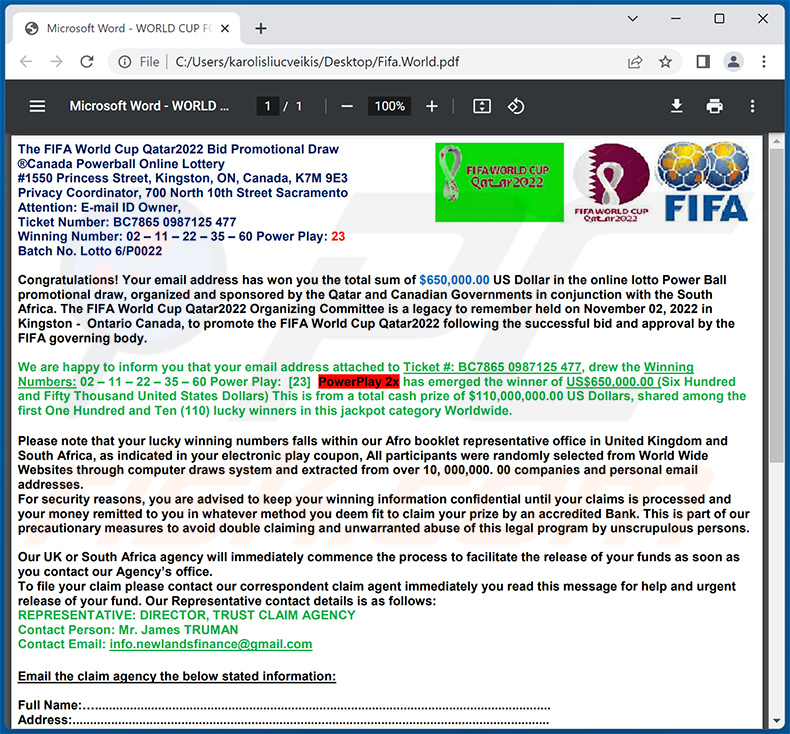 2022 FIFA Lottery Award Email Scam (2022-11-17)