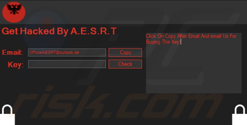 A.E.S.R.T ransomware ransom note (pop-up window)