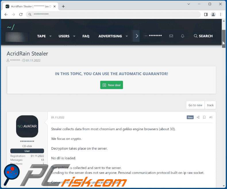 AcridRain stealer malware promoted on hacker forums (GIF)