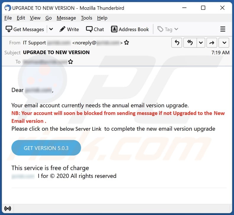Annual Email Version Upgrade scam email