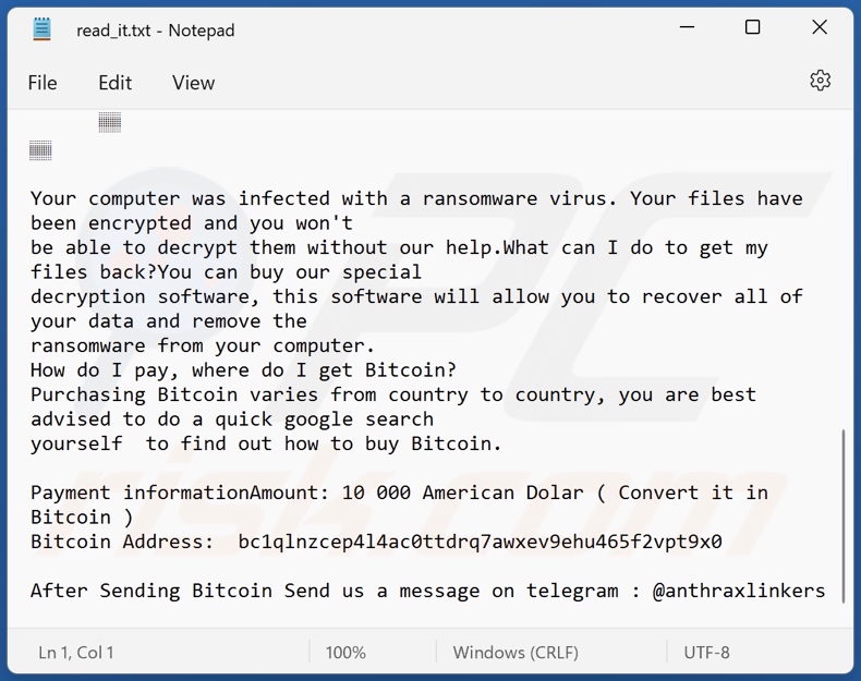 Anthraxbulletproof ransomware ransom note (read_it.txt)