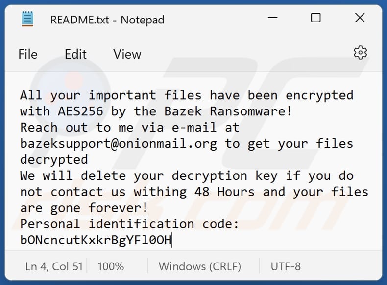 Bazek ransomware text file (README.txt)