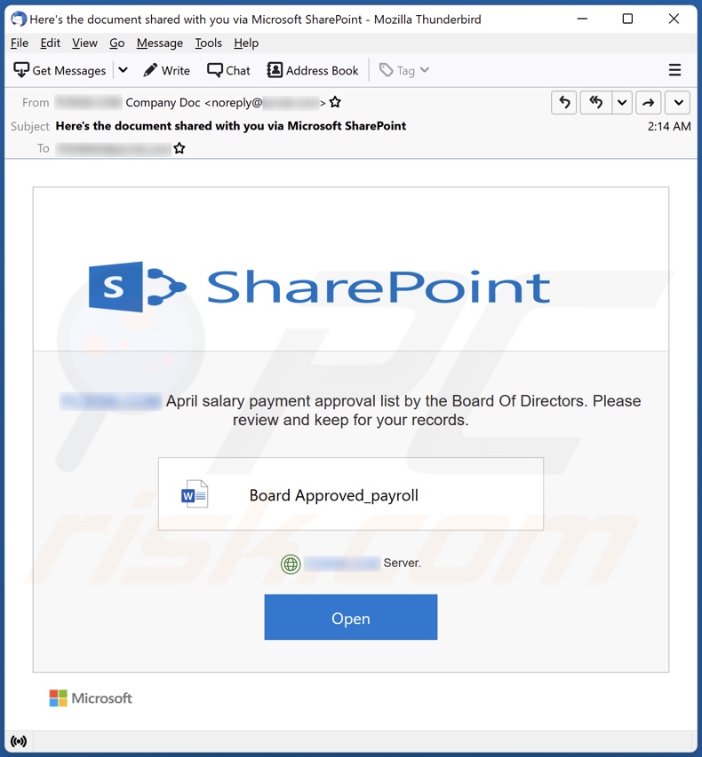 Board Approved Payroll email spam campaign