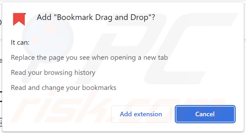 Bookmark Drag and Drop browser hijacker asking for permissions