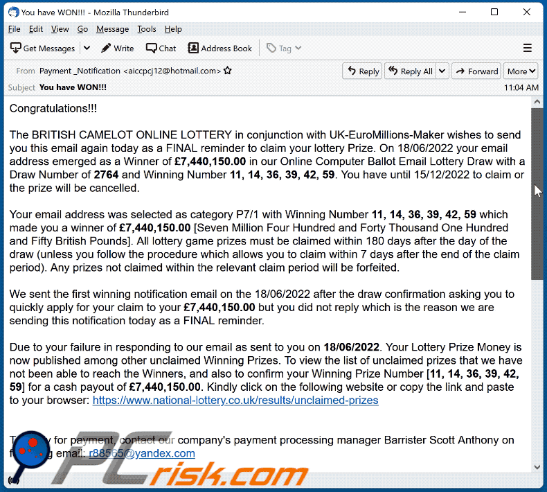 BRITISH CAMELOT ONLINE LOTTERY scam email appearance (GIF)