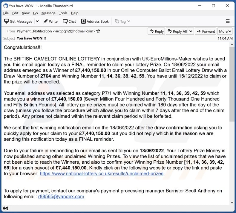 BRITISH CAMELOT ONLINE LOTTERY email spam campaign