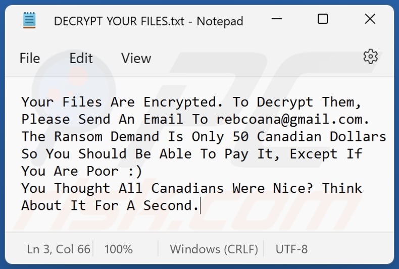 Canadian (RRansom) ransomware ransom note (DECRYPT YOUR FILES.txt)