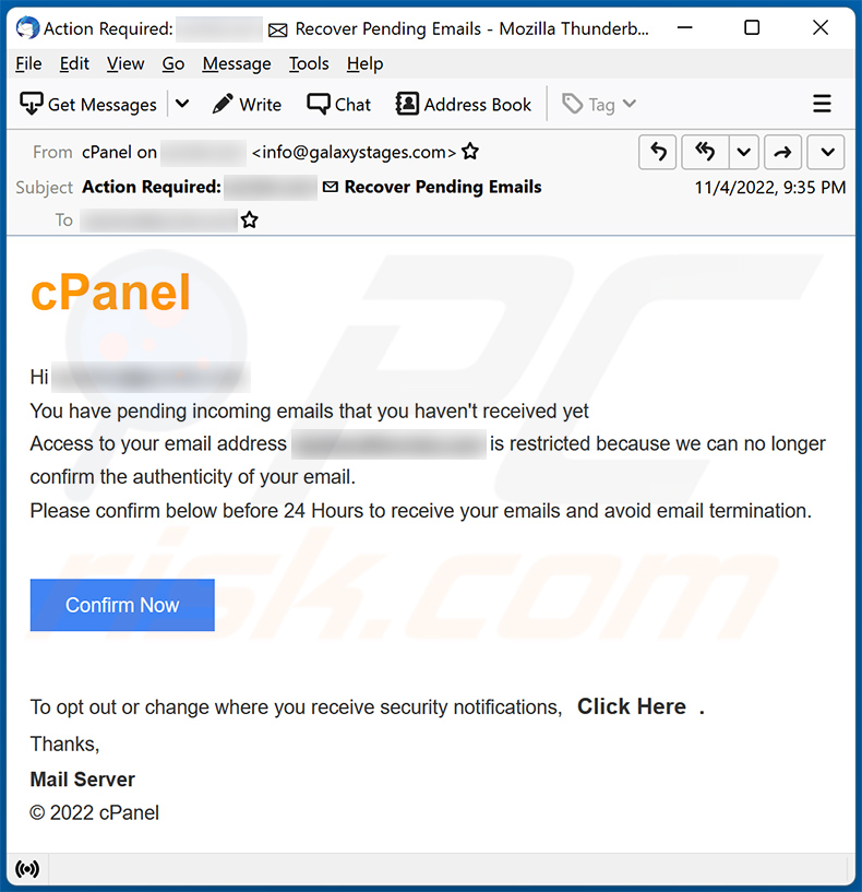 cPanel-themed spam email promoting a phishing site (2022-11-07)
