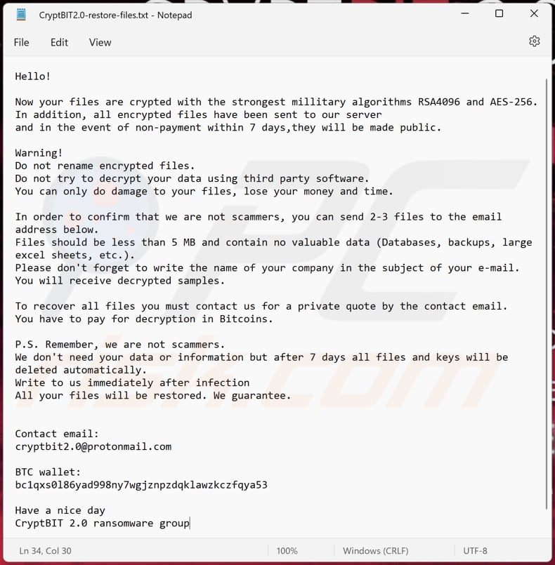 CryptBIT 2.0 ransomware text file (CryptBIT2.0-restore-files.txt)