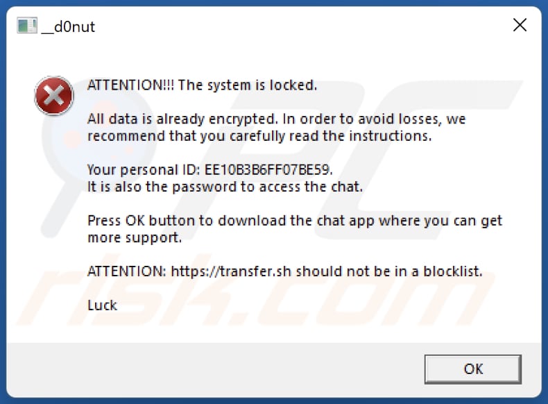 D0nut ransomware ransom note in error window