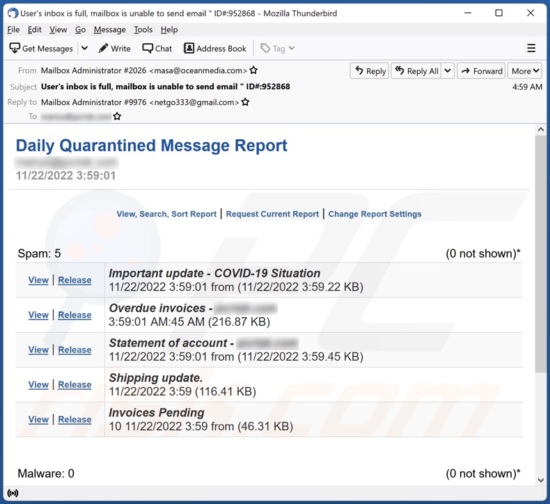 Daily Quarantined Message Report email spam campaign