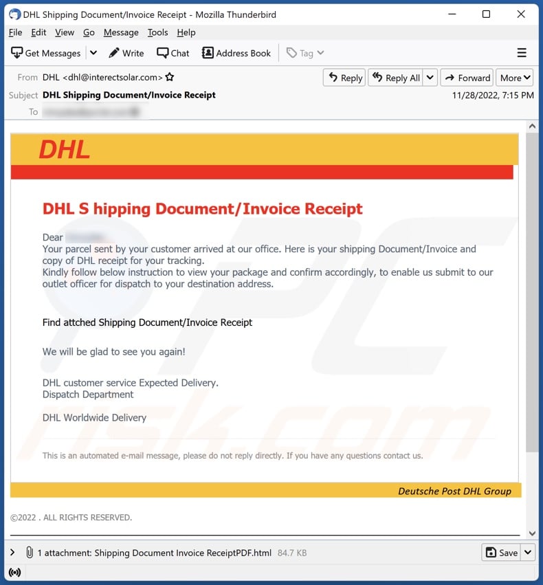 DHL Shipping Document/Invoice Receipt email spam campaign