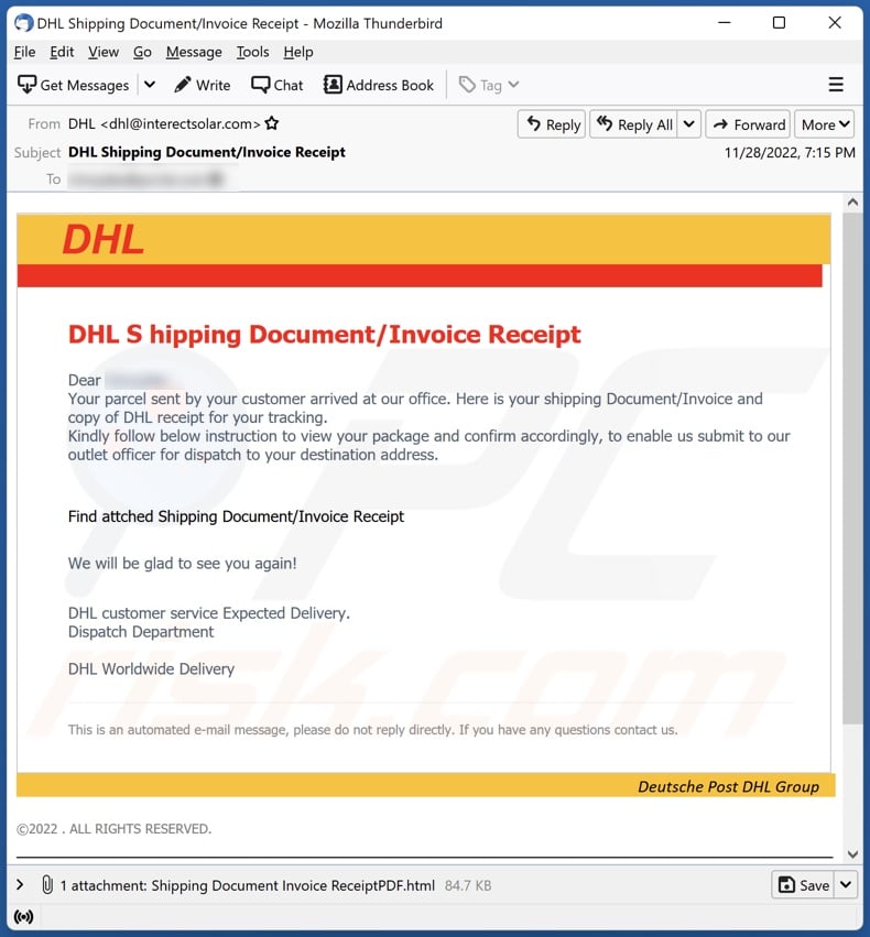 DHL Shipping Document/Invoice Receipt Email Scam Removal and recovery