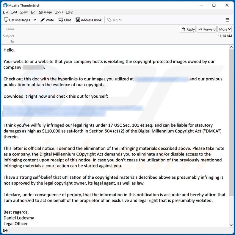 DMCA Copyright Infringement Notification spam email (2022-11-15)