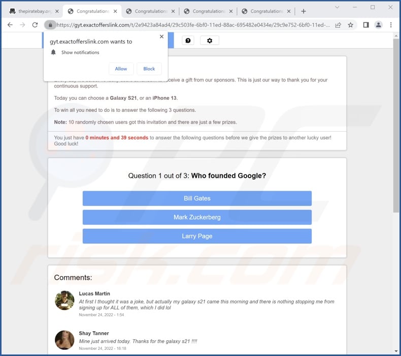 exactofferslink[.]com pop-up redirects