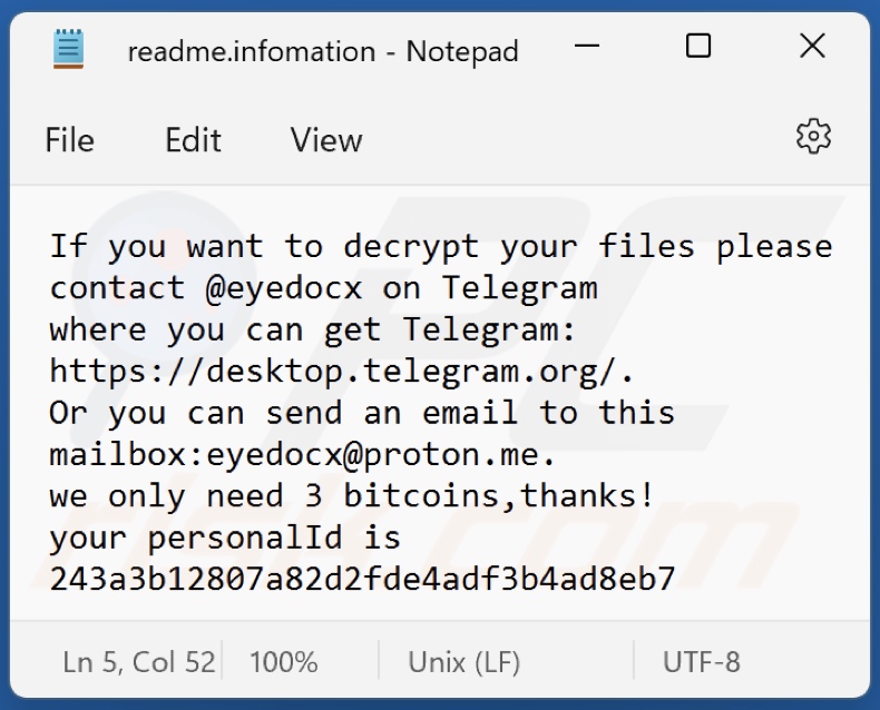 Eyedocx ransomware ransom note (readme.infomation)