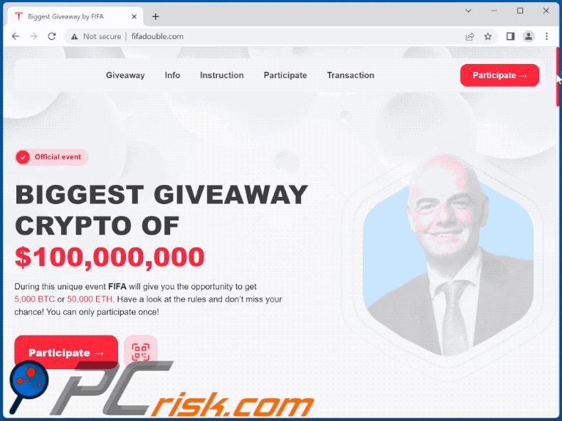 Appearance of FIFA Crypto Giveaway scam (GIF)