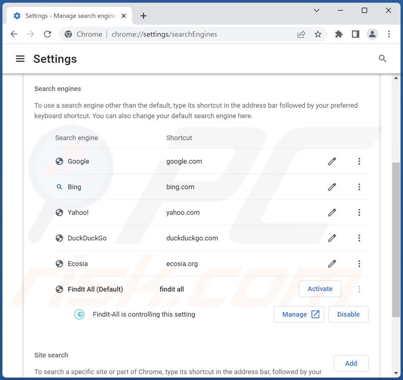 Removing find.findit-all.com from Google Chrome default search engine