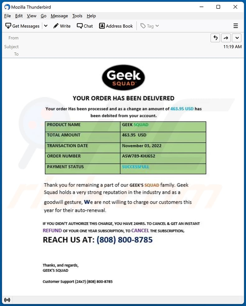 GEEK SQUAD-themed spam email (2022-11-04)
