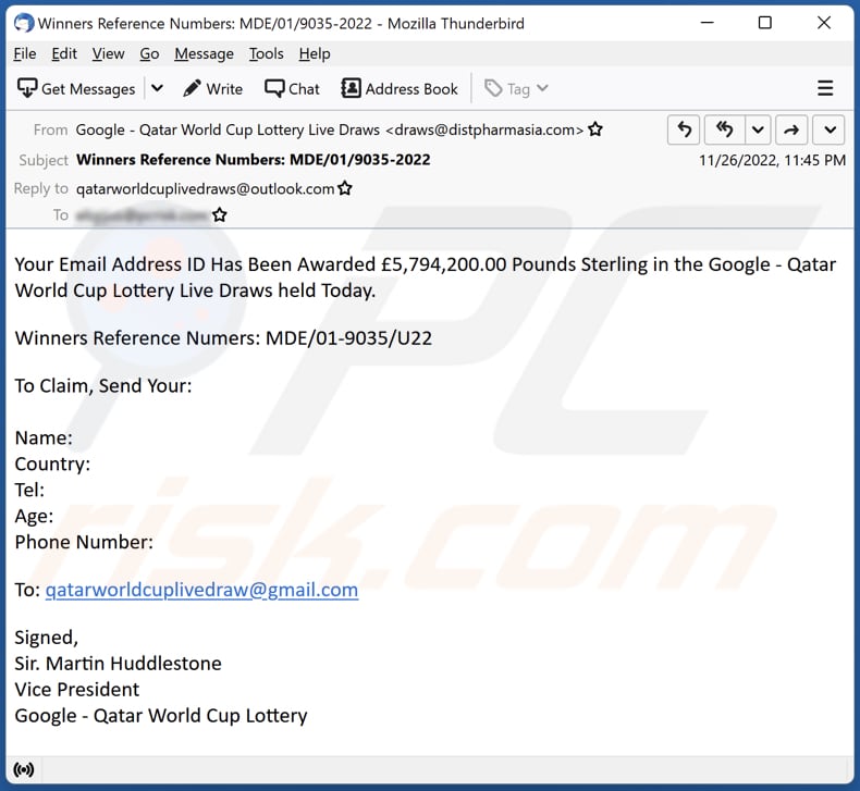 Google - Qatar World Cup Lottery email spam campaign