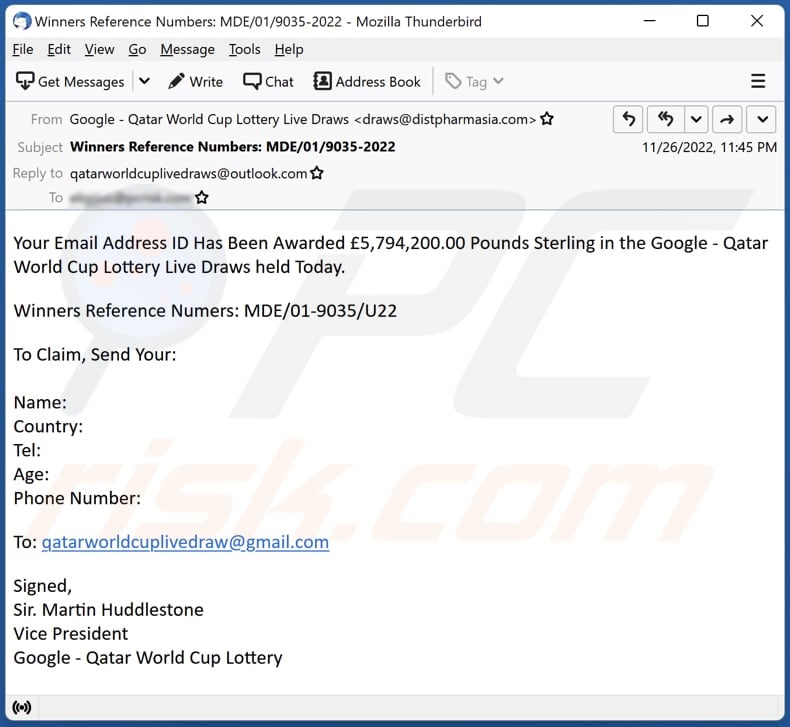 Google - Qatar World Cup Lottery email spam campaign