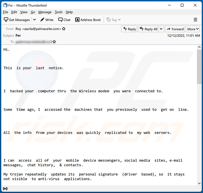 I Broke Into Your Computer System Using The Wireless Network Router Email Scam variant (2022-12-13 - sample 1)