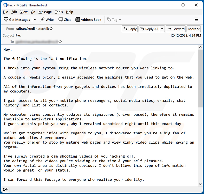 I Broke Into Your Computer System Using The Wireless Network Router Email Scam variant (2022-12-13 - sample 2)