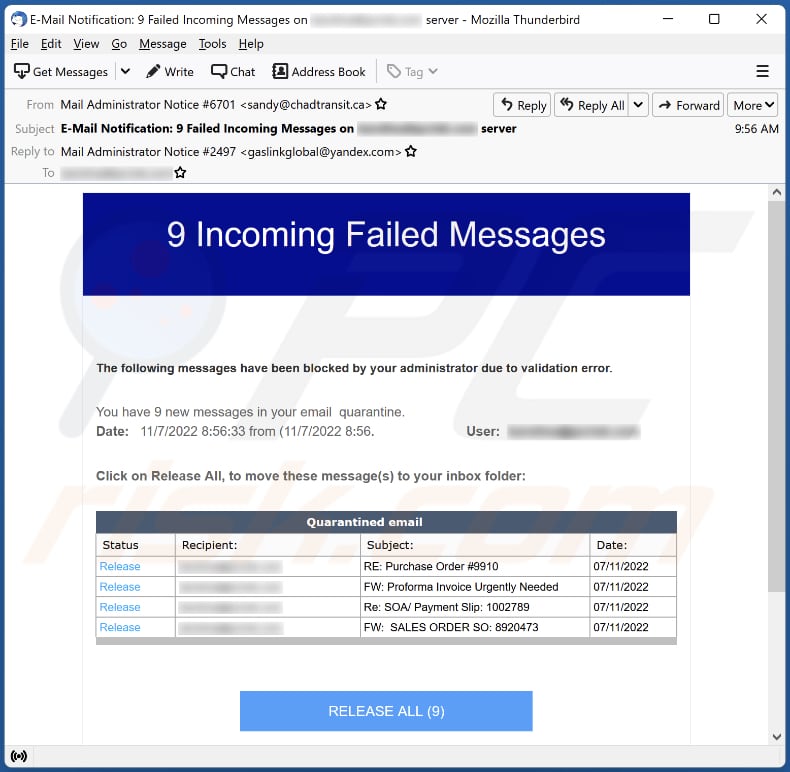Incoming Failed Messages scam email