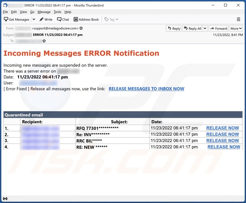 Incoming Messages ERROR Notification email spam campaign