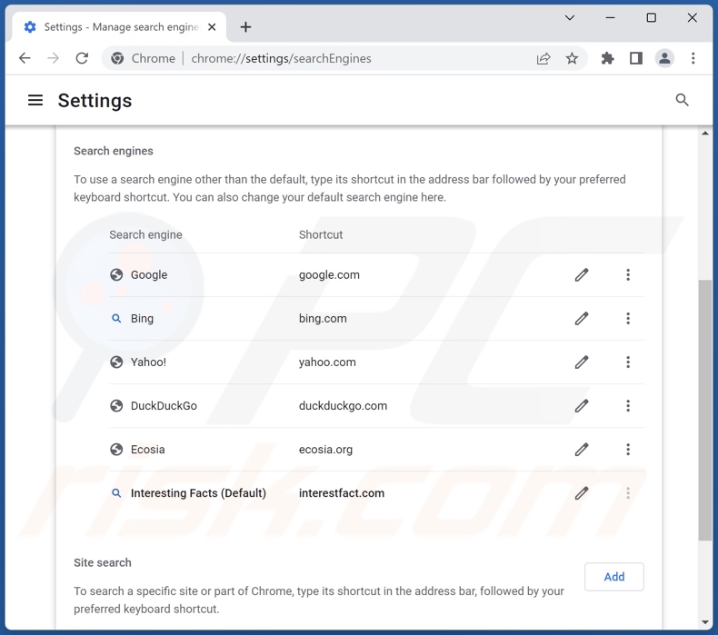 Removing search.interestfact.com from Google Chrome default search engine