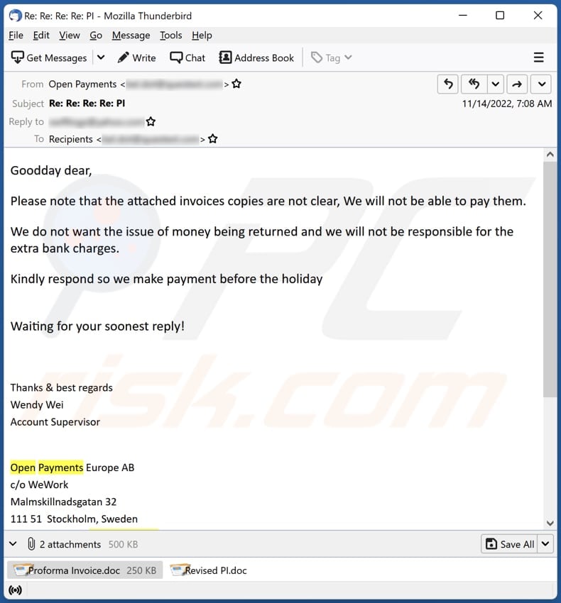 Invoices Copies Are Not Clear malware-spreading emai