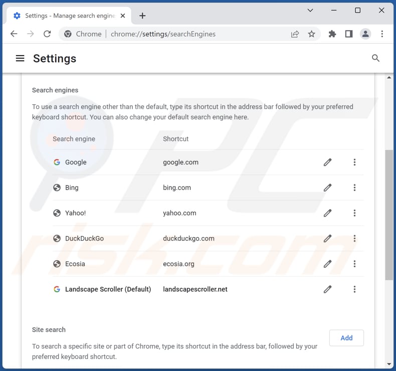 Removing search.landscapescroller.net from Google Chrome default search engine